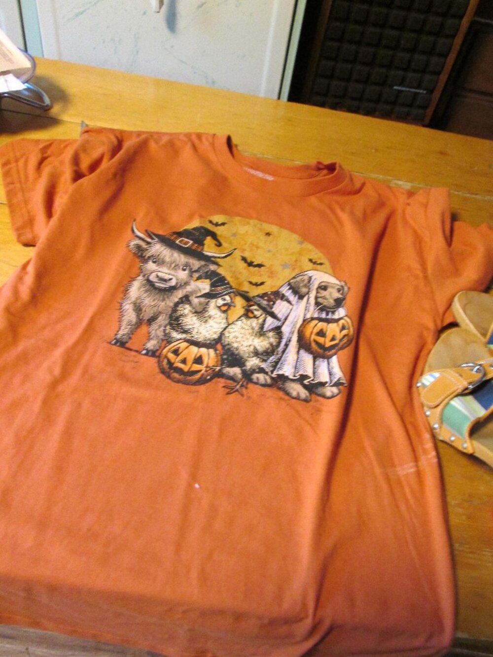 Goodie Two sleeves Halloween T shirt Highland cow chickens dog TRICK OR TREAT